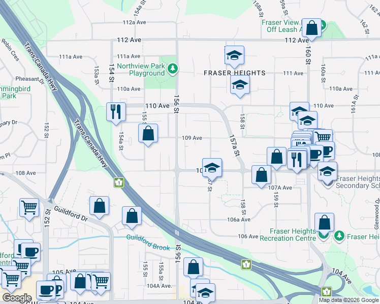 map of restaurants, bars, coffee shops, grocery stores, and more near 10865 156 A Street in Surrey