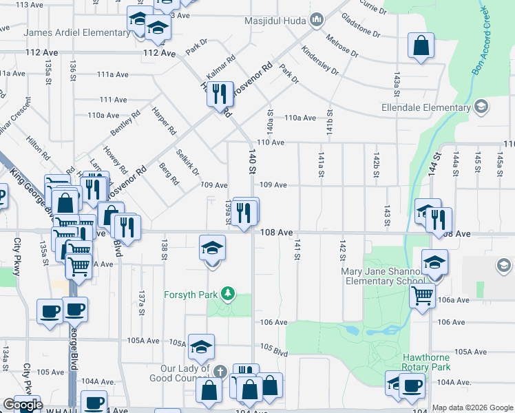 map of restaurants, bars, coffee shops, grocery stores, and more near 10852 140 Street in Surrey