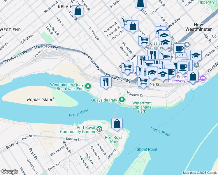 map of restaurants, bars, coffee shops, grocery stores, and more near 1 Renaissance Square in New Westminster