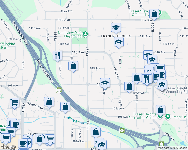 map of restaurants, bars, coffee shops, grocery stores, and more near 10865 156 A Street in Surrey