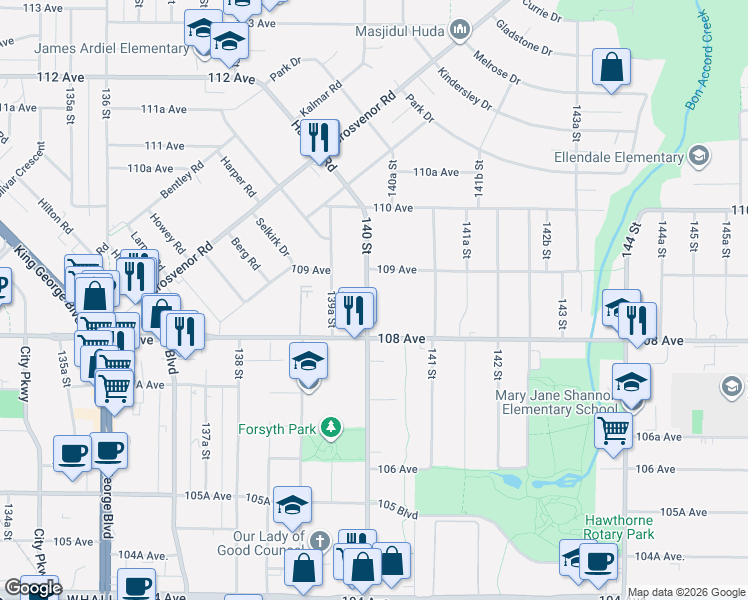 map of restaurants, bars, coffee shops, grocery stores, and more near 10852 140 Street in Surrey
