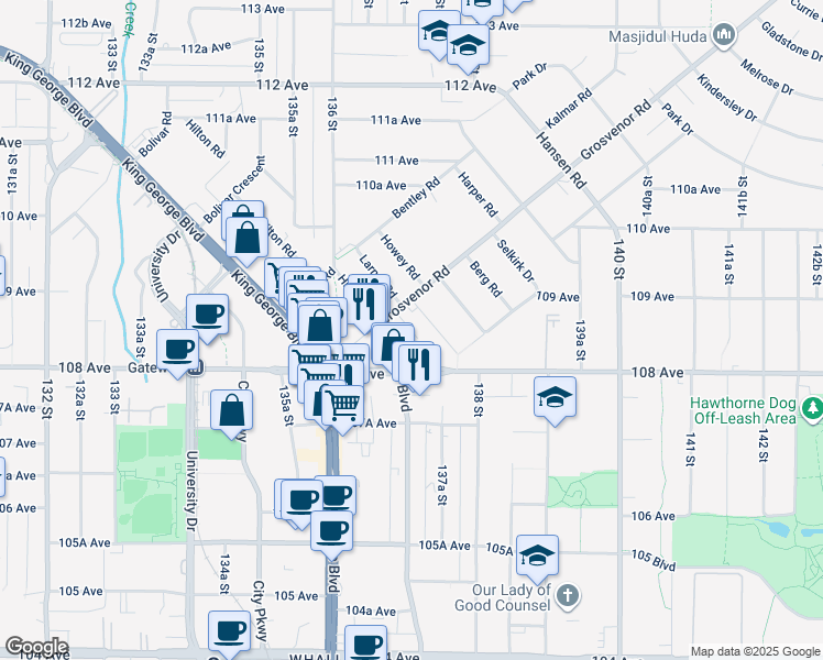 map of restaurants, bars, coffee shops, grocery stores, and more near 10838 Whalley Boulevard in Surrey