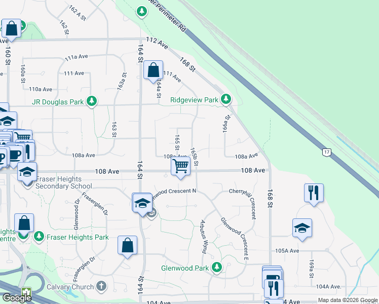map of restaurants, bars, coffee shops, grocery stores, and more near 16565 108A Avenue in Surrey