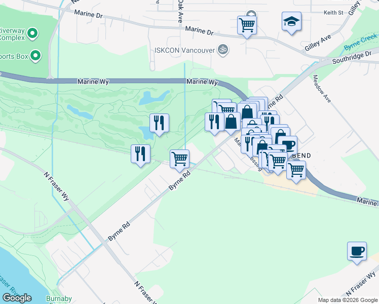 map of restaurants, bars, coffee shops, grocery stores, and more near 9000 Bill Fox Way in Burnaby