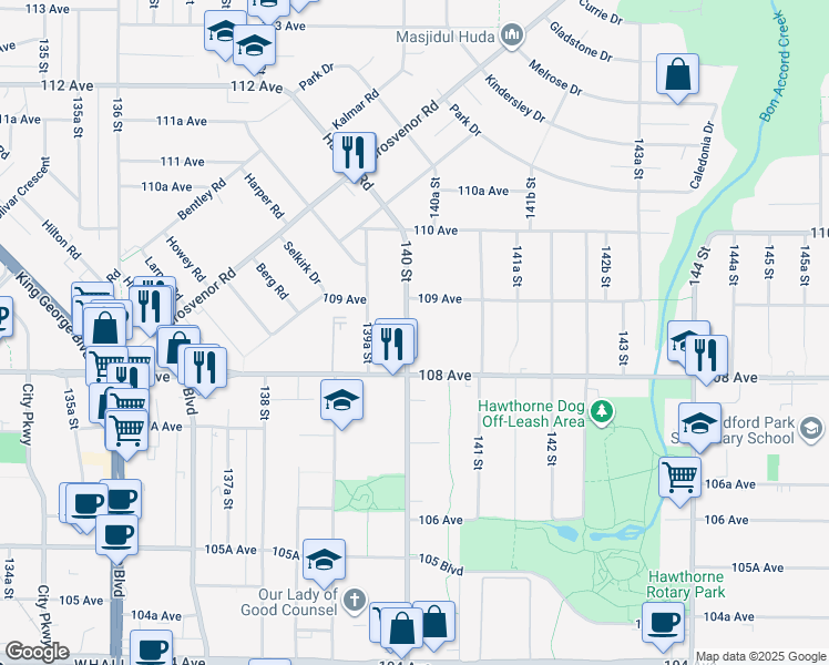 map of restaurants, bars, coffee shops, grocery stores, and more near 10852 140 Street in Surrey