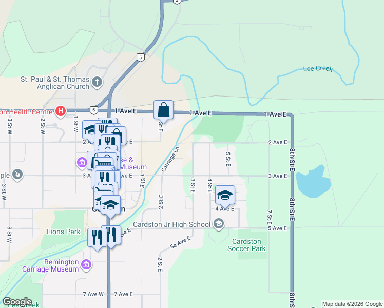 map of restaurants, bars, coffee shops, grocery stores, and more near 221 3 Street East in Cardston