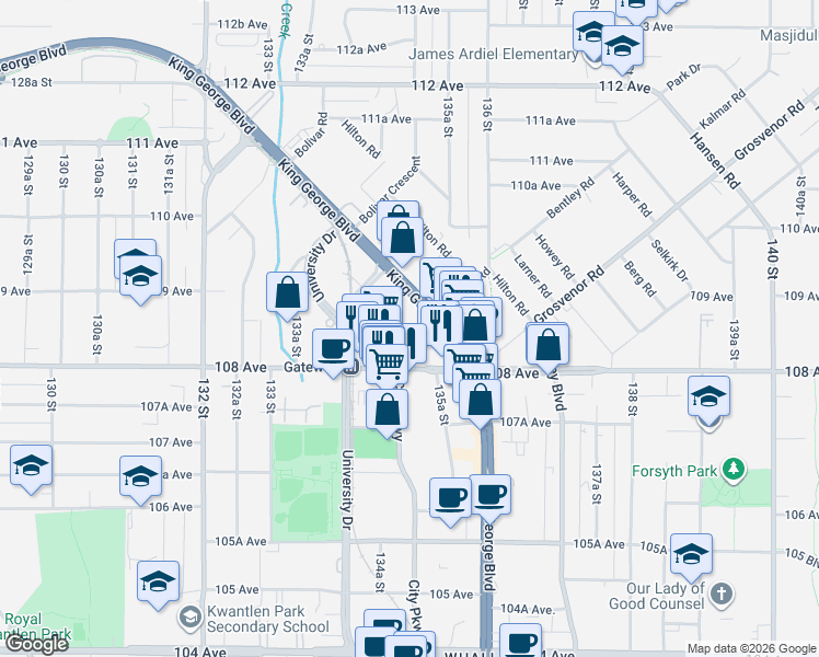map of restaurants, bars, coffee shops, grocery stores, and more near in Surrey