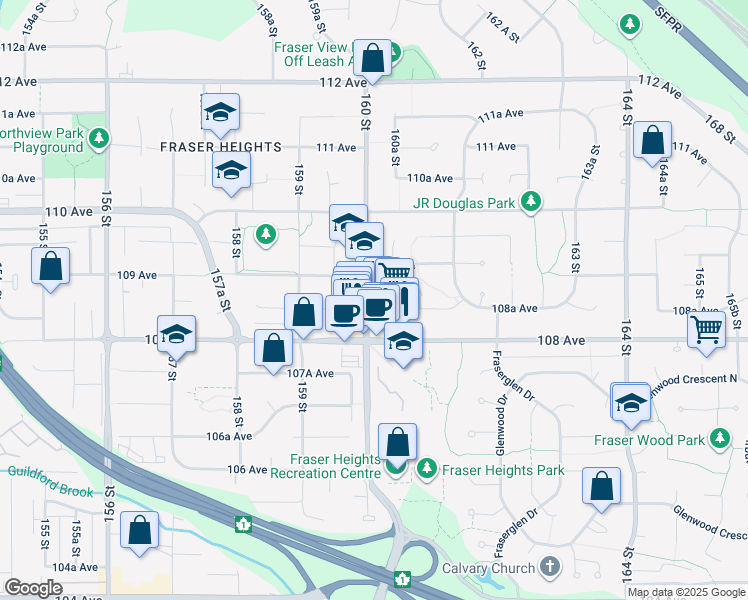 map of restaurants, bars, coffee shops, grocery stores, and more near 10862 160 Street in Surrey
