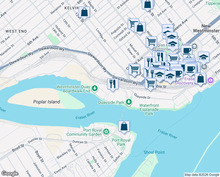 map of restaurants, bars, coffee shops, grocery stores, and more near 10 Renaissance Square in New Westminster