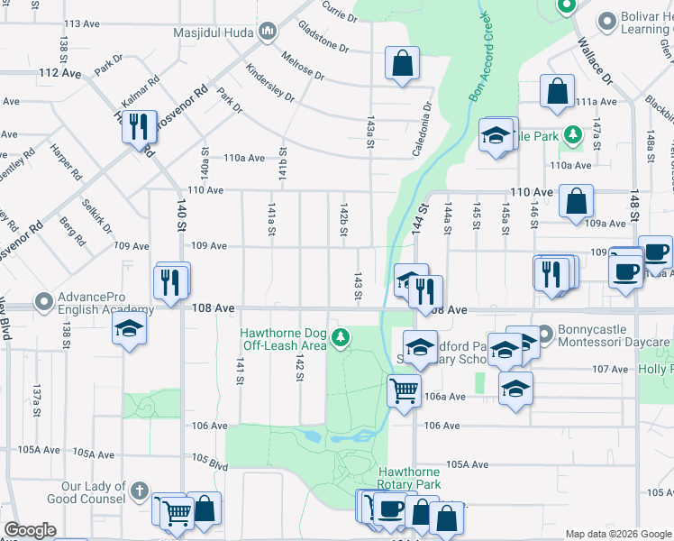 map of restaurants, bars, coffee shops, grocery stores, and more near 10860 142A Street in Surrey