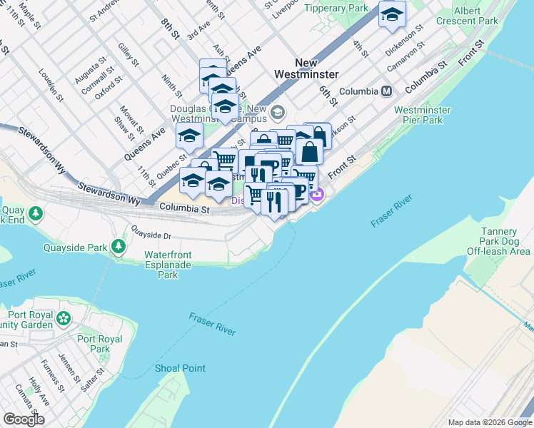 map of restaurants, bars, coffee shops, grocery stores, and more near 908 Quayside Drive in New Westminster