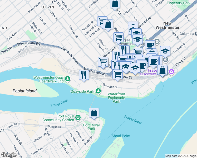 map of restaurants, bars, coffee shops, grocery stores, and more near in New Westminster