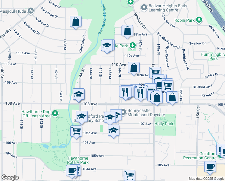 map of restaurants, bars, coffee shops, grocery stores, and more near 10872 145A Street in Surrey