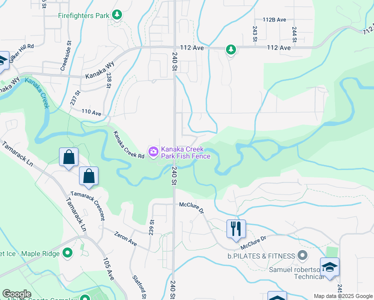 map of restaurants, bars, coffee shops, grocery stores, and more near 24034 109 Avenue in Maple Ridge