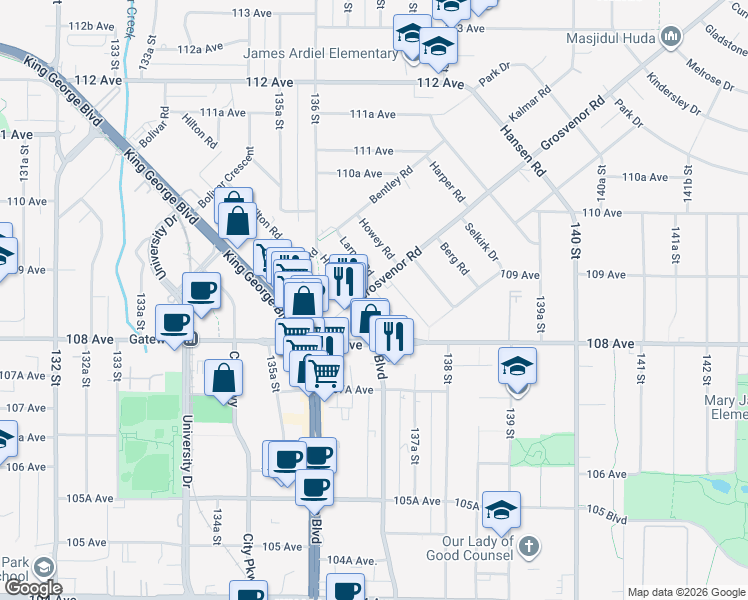 map of restaurants, bars, coffee shops, grocery stores, and more near in Surrey