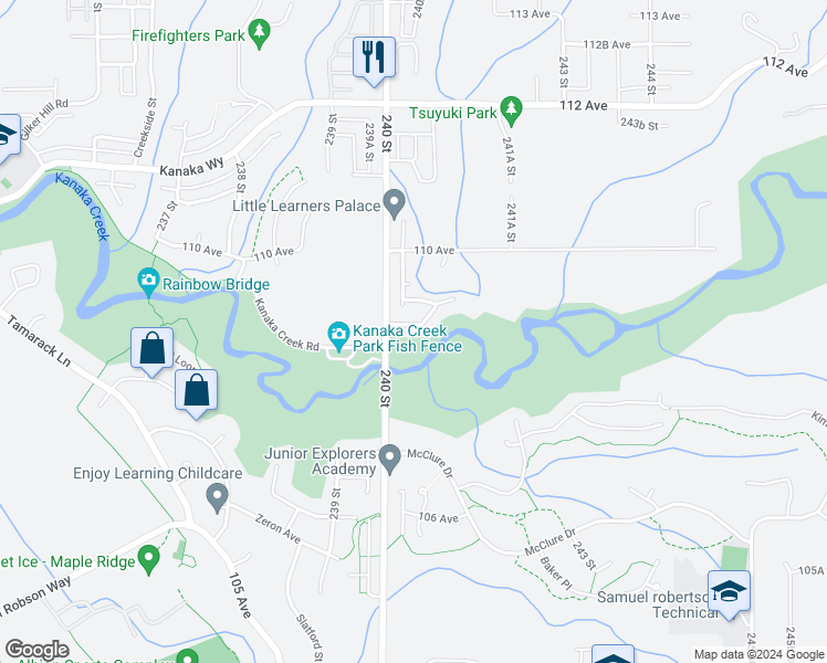 map of restaurants, bars, coffee shops, grocery stores, and more near 24034 109 Avenue in Maple Ridge