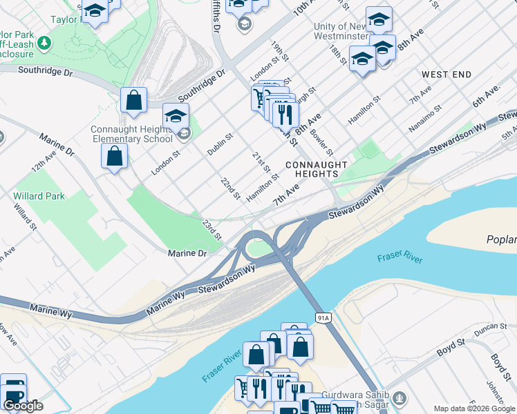 map of restaurants, bars, coffee shops, grocery stores, and more near 2123 Seventh Avenue in New Westminster