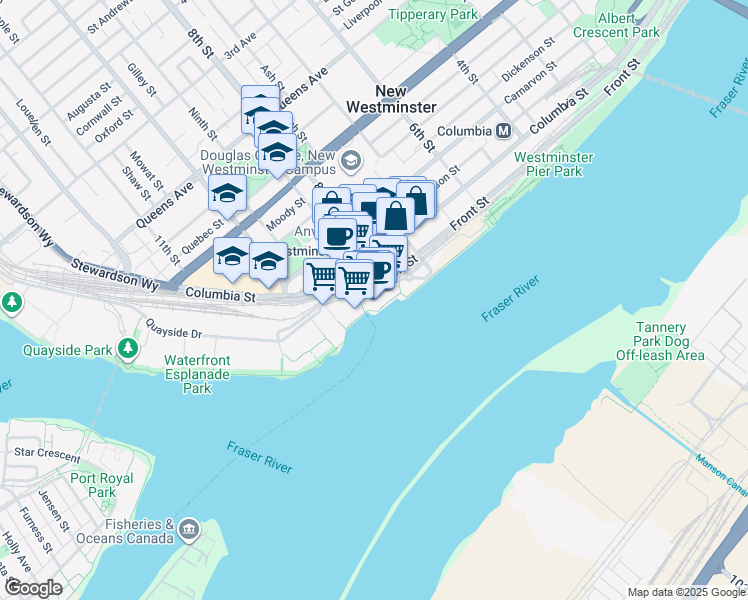 map of restaurants, bars, coffee shops, grocery stores, and more near 810 Quayside Drive in New Westminster