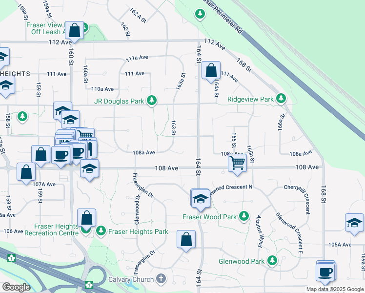 map of restaurants, bars, coffee shops, grocery stores, and more near 16355 108A Avenue in Surrey