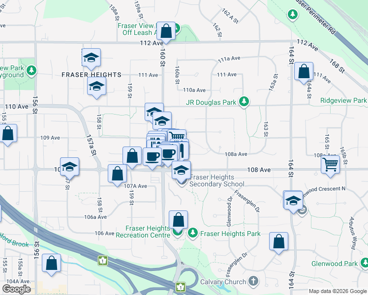 map of restaurants, bars, coffee shops, grocery stores, and more near 16042 108A Avenue in Surrey