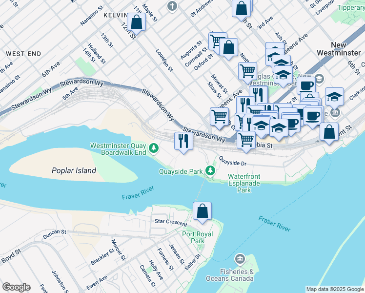 map of restaurants, bars, coffee shops, grocery stores, and more near in New Westminster