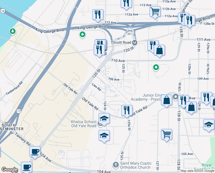 map of restaurants, bars, coffee shops, grocery stores, and more near in Surrey