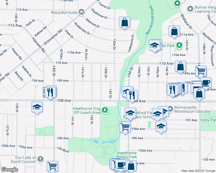 map of restaurants, bars, coffee shops, grocery stores, and more near 10875 143 Street in Surrey