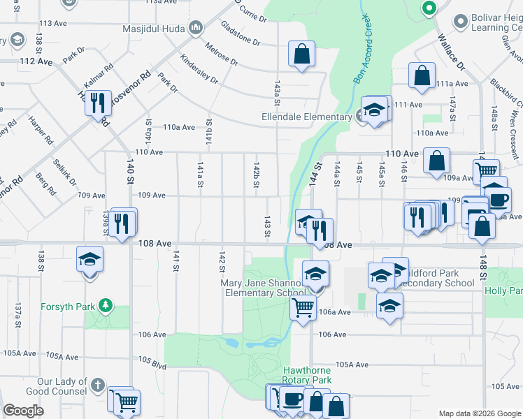 map of restaurants, bars, coffee shops, grocery stores, and more near 10875 143 Street in Surrey