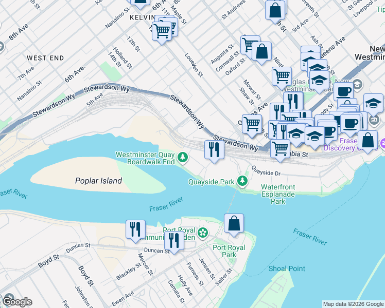 map of restaurants, bars, coffee shops, grocery stores, and more near 7 Rialto Court in New Westminster