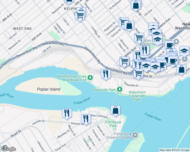 map of restaurants, bars, coffee shops, grocery stores, and more near 7 Rialto Court in New Westminster