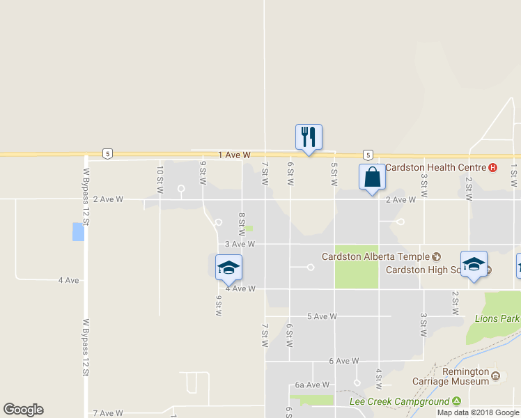 map of restaurants, bars, coffee shops, grocery stores, and more near 221 7 Street West in Cardston