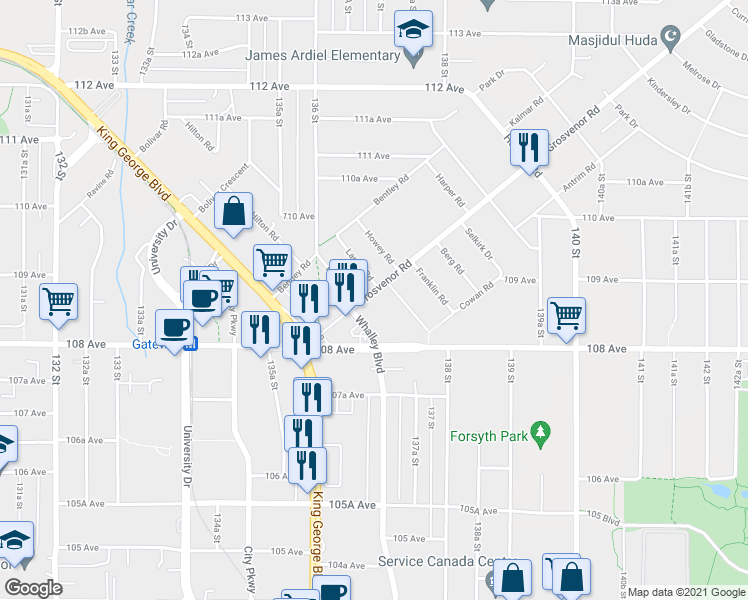 map of restaurants, bars, coffee shops, grocery stores, and more near in Surrey