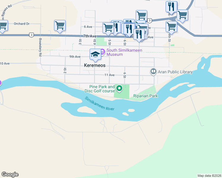 map of restaurants, bars, coffee shops, grocery stores, and more near 1230 Sykes Crescent in Keremeos