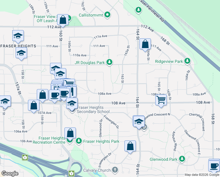 map of restaurants, bars, coffee shops, grocery stores, and more near 10869 162B Street in Surrey