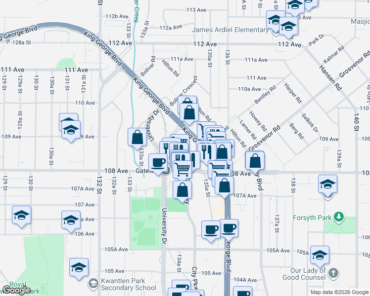 map of restaurants, bars, coffee shops, grocery stores, and more near 10866 City Parkway in Surrey