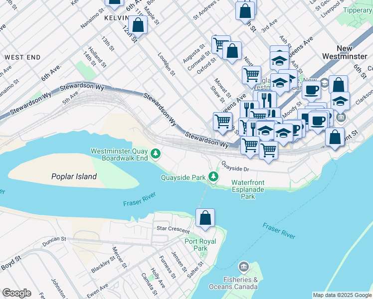 map of restaurants, bars, coffee shops, grocery stores, and more near 5 Renaissance Square in New Westminster