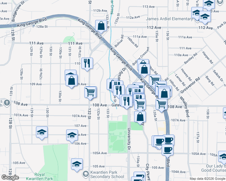 map of restaurants, bars, coffee shops, grocery stores, and more near 10875 133A Street in Surrey