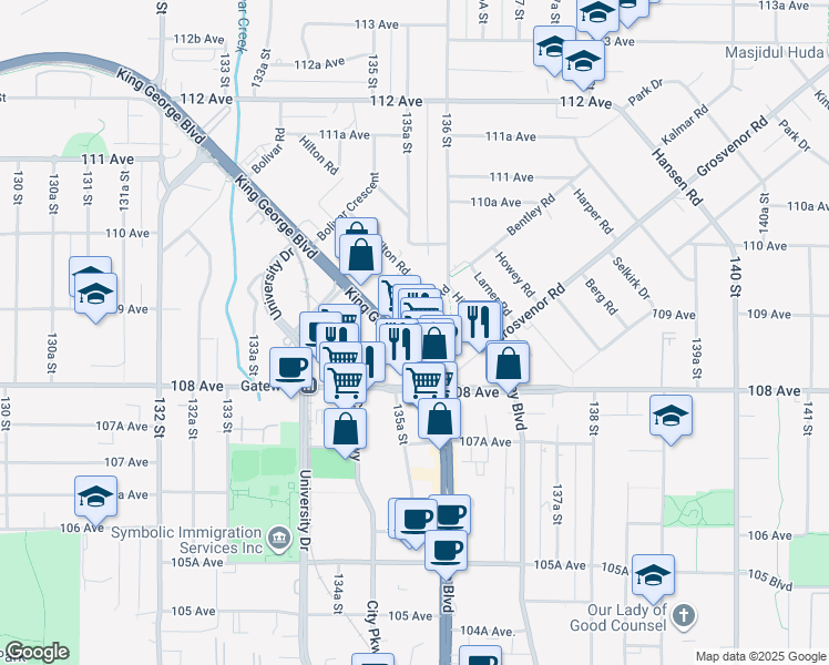 map of restaurants, bars, coffee shops, grocery stores, and more near in Surrey