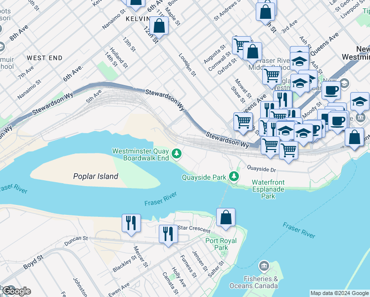 map of restaurants, bars, coffee shops, grocery stores, and more near in New Westminster