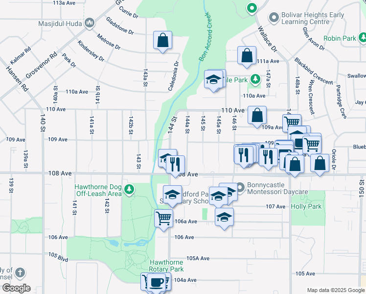 map of restaurants, bars, coffee shops, grocery stores, and more near 10879 144A Street in Surrey