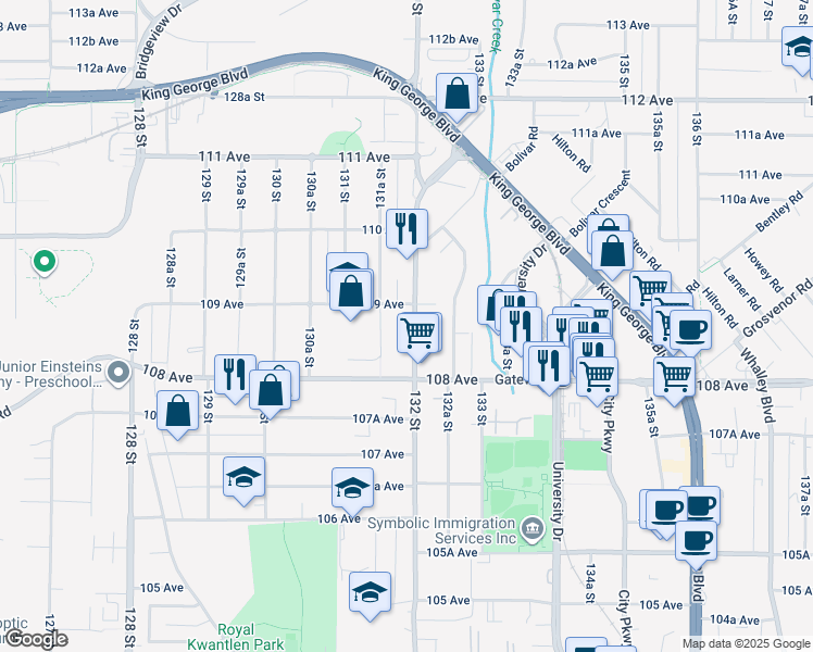map of restaurants, bars, coffee shops, grocery stores, and more near 10873 132 Street in Surrey