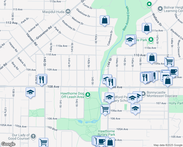 map of restaurants, bars, coffee shops, grocery stores, and more near 10885 143 Street in Surrey