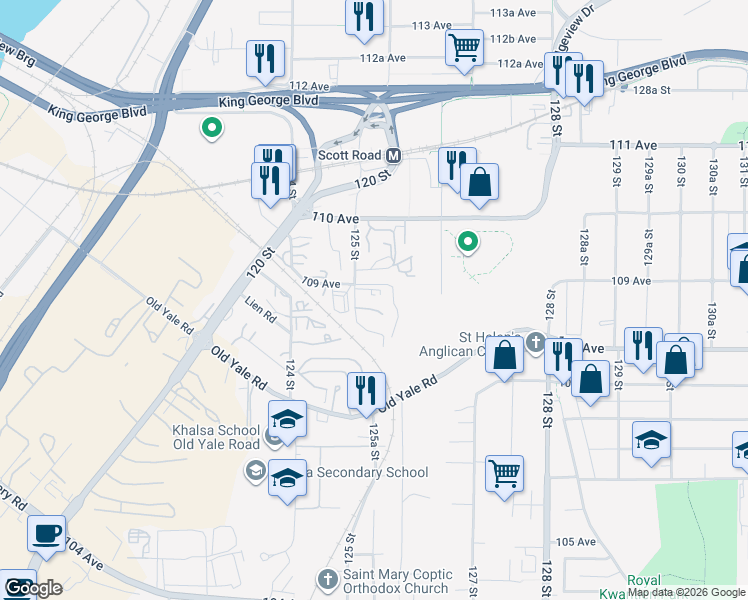 map of restaurants, bars, coffee shops, grocery stores, and more near 10860 125 Street in Surrey