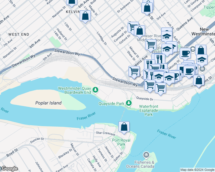 map of restaurants, bars, coffee shops, grocery stores, and more near 880 Quayside Drive in New Westminster