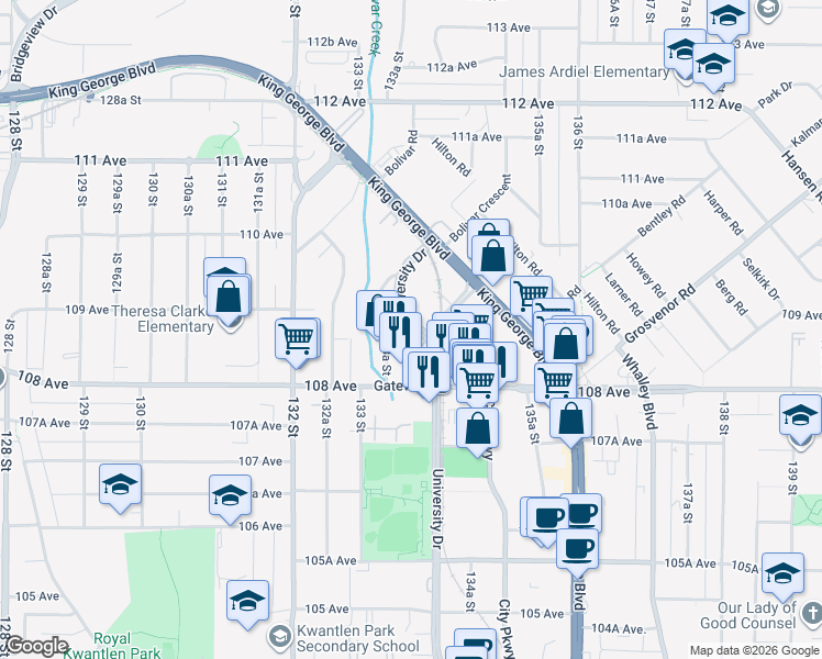 map of restaurants, bars, coffee shops, grocery stores, and more near in Surrey