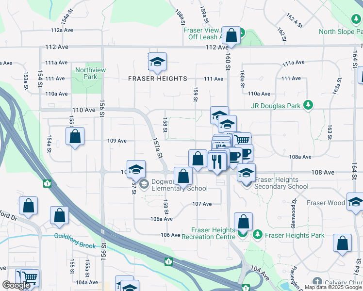 map of restaurants, bars, coffee shops, grocery stores, and more near 15852 109 Avenue in Surrey
