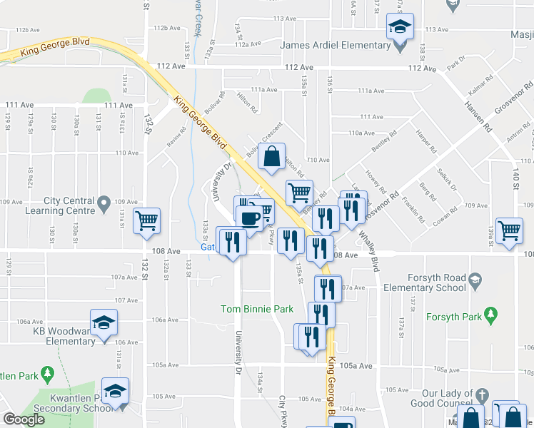 map of restaurants, bars, coffee shops, grocery stores, and more near in Surrey