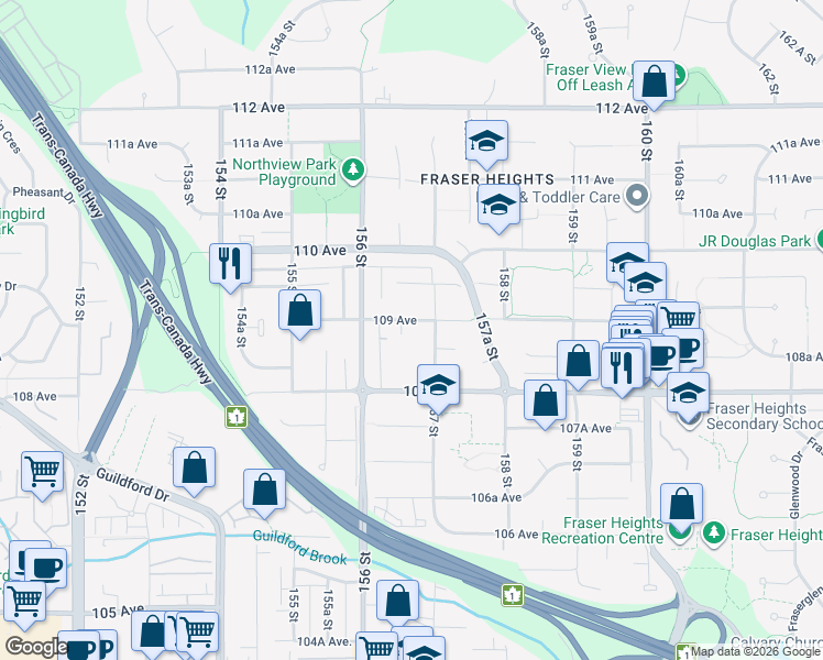 map of restaurants, bars, coffee shops, grocery stores, and more near 15672 109 Avenue in Surrey