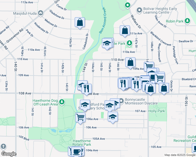 map of restaurants, bars, coffee shops, grocery stores, and more near 14486 109 Avenue in Surrey