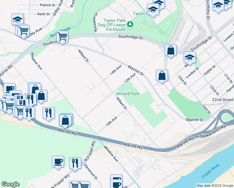 map of restaurants, bars, coffee shops, grocery stores, and more near 7822 Willard Street in Burnaby
